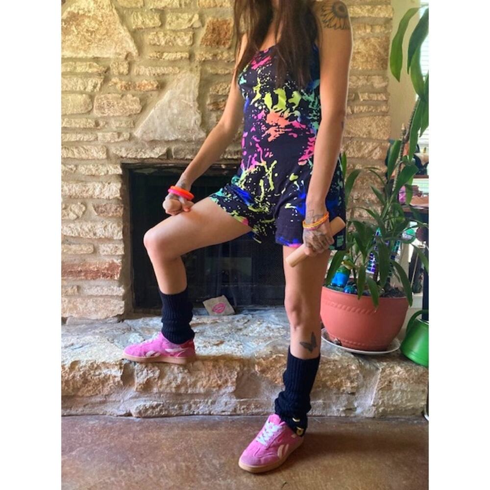 Vintage 80s Neon Splatter Unitard Bodysuit Costume Set - L/XL